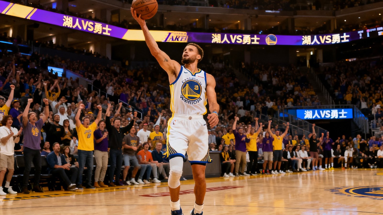洛杉矶湖人主场对阵金州勇士的NBA精彩回放视频缩略图，展示库里三分球命中瞬间