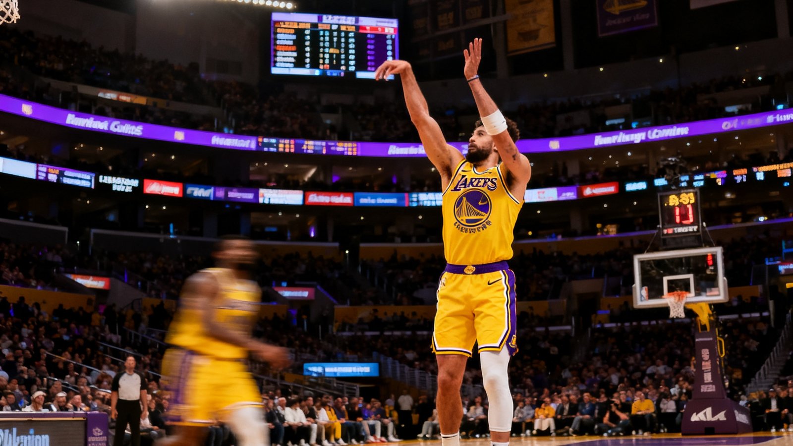 NBA常规赛洛杉矶湖人主场对阵金州勇士的直播画面,黄色球衣球员正在三分线外出手投篮