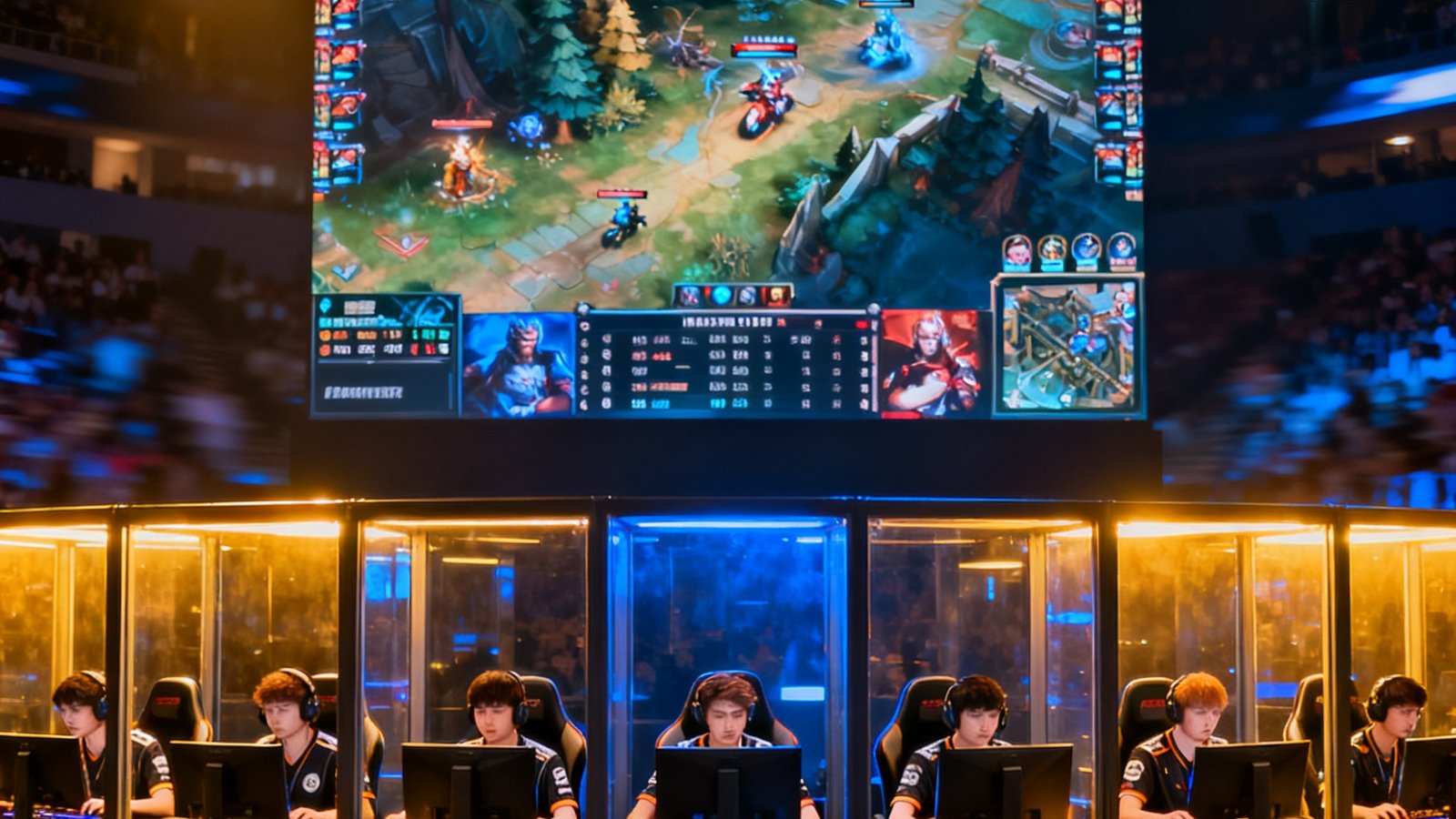 DOTA2国际邀请赛TI主舞台直播画面,十位选手在隔音房内专注操作,大屏幕显示实时战况
